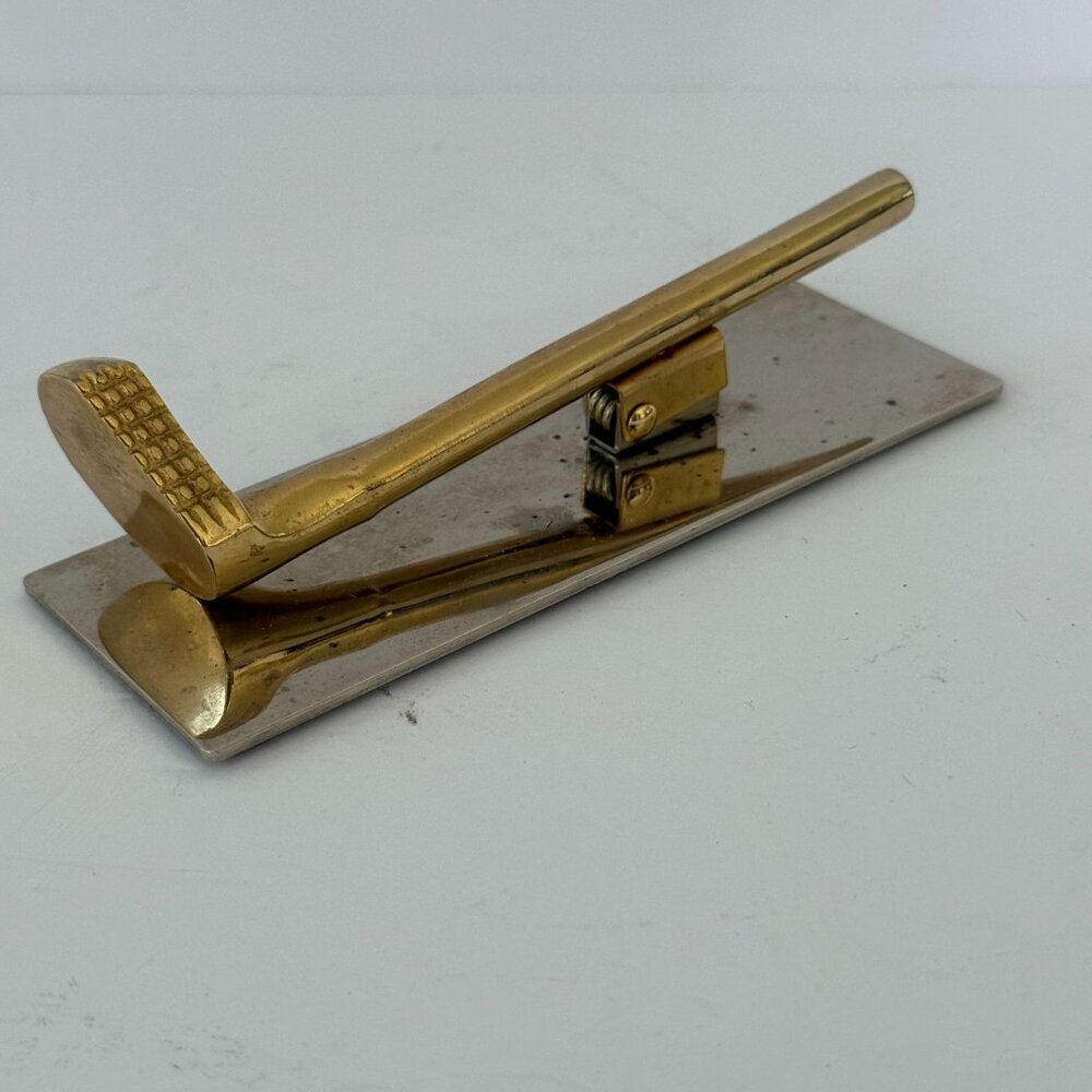 Golf Club Paper Holder 1970s Brass Clip Document Vintage Novelty Office Gift